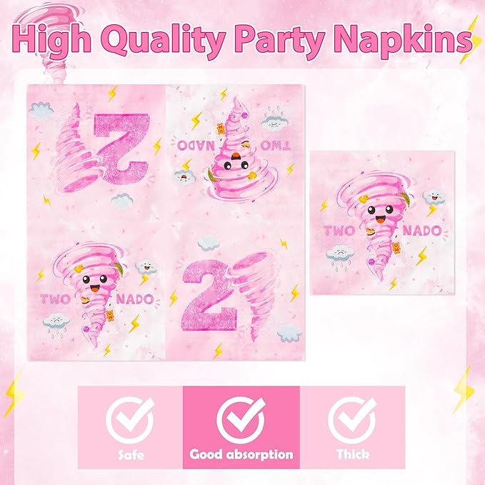 96Pcs Two Nado Pink Tornado 2nd Birthday Party Plates Supplies Party