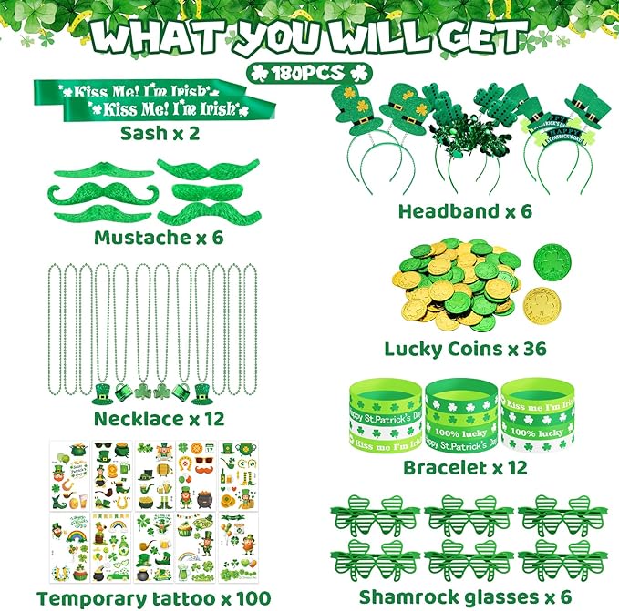 180Pcs St Patrick's Day Accessories Party Favor Set Tattoo Stickers