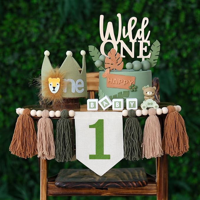 Wild One 1st Highchair Banner Wood Bead Tassel Garland Lion Crown