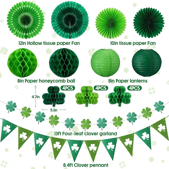 22 Pcs St Patricks Day Decorations Shamrock Clover Garland Green