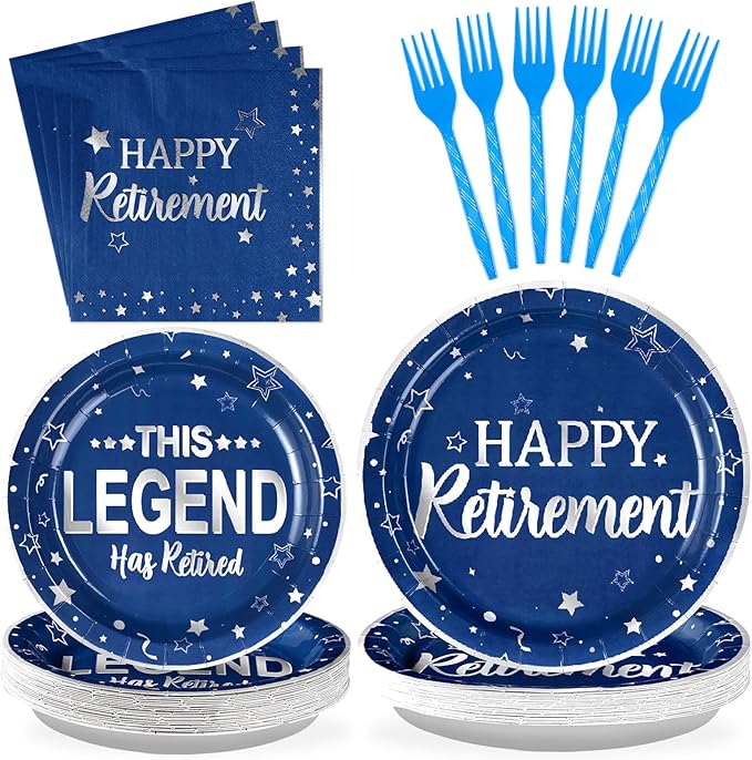 96 Pcs Retirement Party Supplies Blue and Silver Happy Retirement
