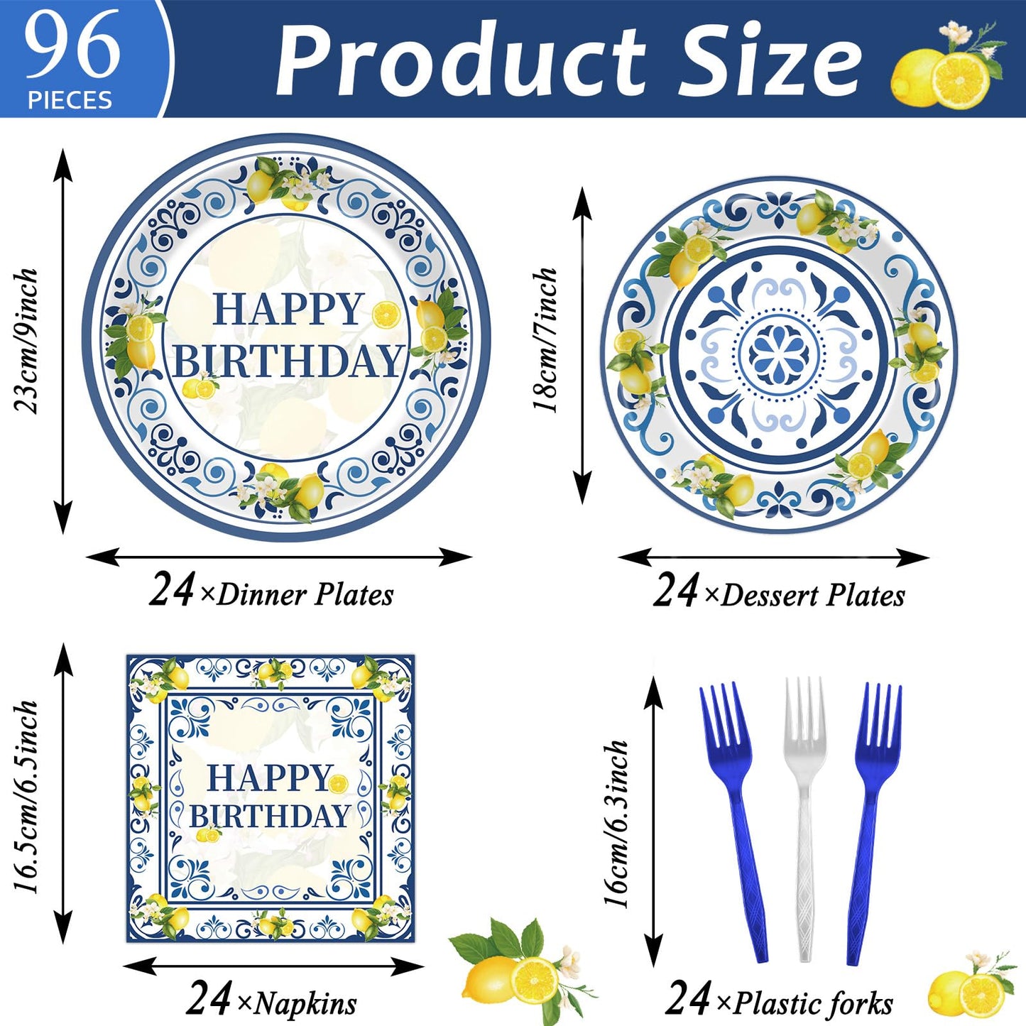 96PCS Lemon Party Paper Plates and Napkins Blue Tiles Yellow Lemon