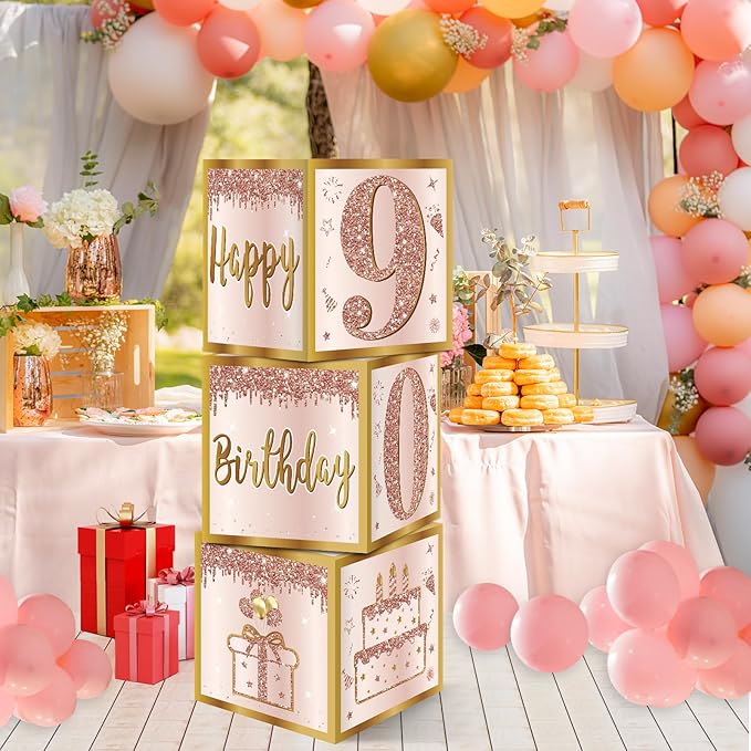 3Pcs 90th Birthday Decorations Boxes for Women Pink Rose Gold 90th