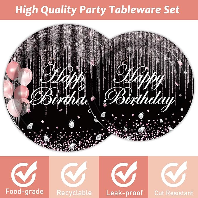 96 Pcs Black & Rose Gold Party Paper Plate and Napkins Pink Rose