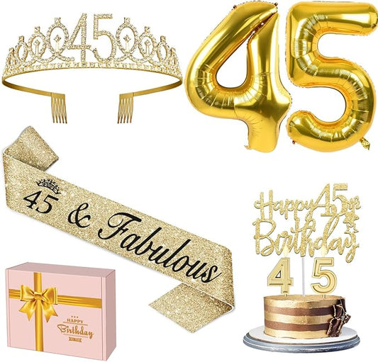 45th Birthday Decorations for Women Gold with 45th Birthday Sash and