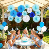 SUNBEAUTY Pack of 13 Blue White Hanging Honeycomb Paper Fans Party