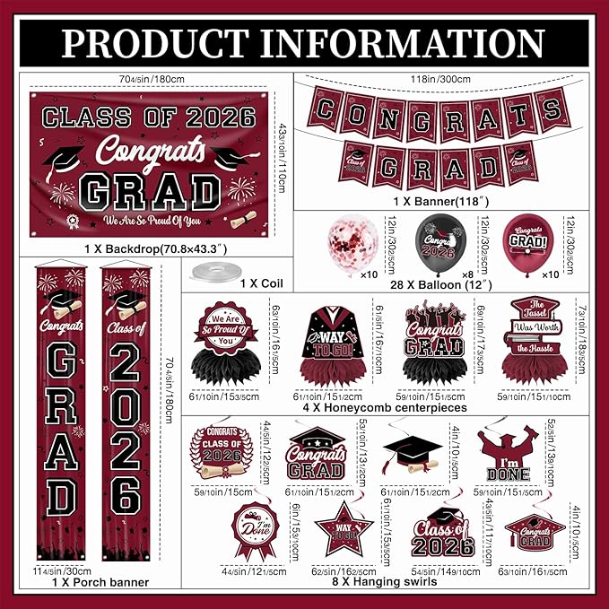 Graduation Decorations 2026 Maroon Graduation Party Decor Set include