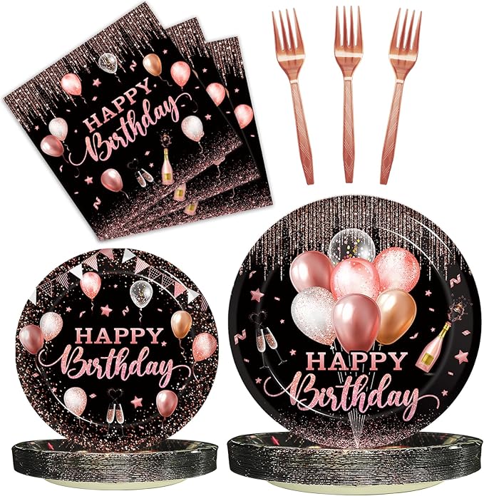 96 Pcs Rose Gold Birthday Plates and Napkins Party Supplies for
