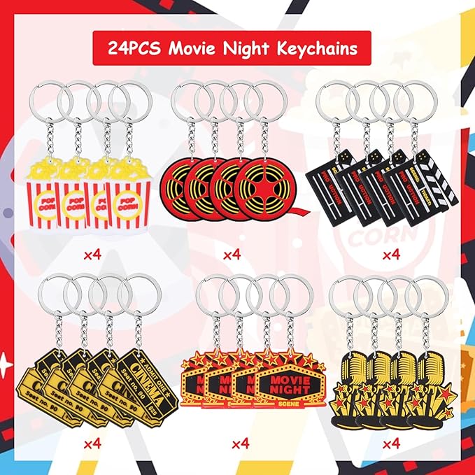24PCS Movie Night Keychains Movie Night Party Favors Include