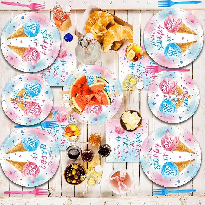 96PCS Ice Cream Gender Reveal Party Paper Tableware What's the Scoop
