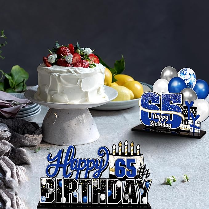 LINGTEER Happy 65th Birthday Blue Acrylic Table Topper Centerpieces