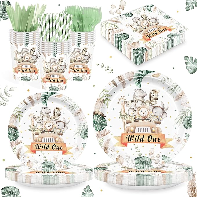 168PCS Wild One Party Supplies for Boys Girls Kids Jungle Animals