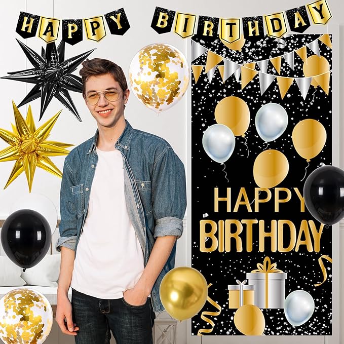 Black and Gold Birthday Decorations for Men Women Happy Birthday