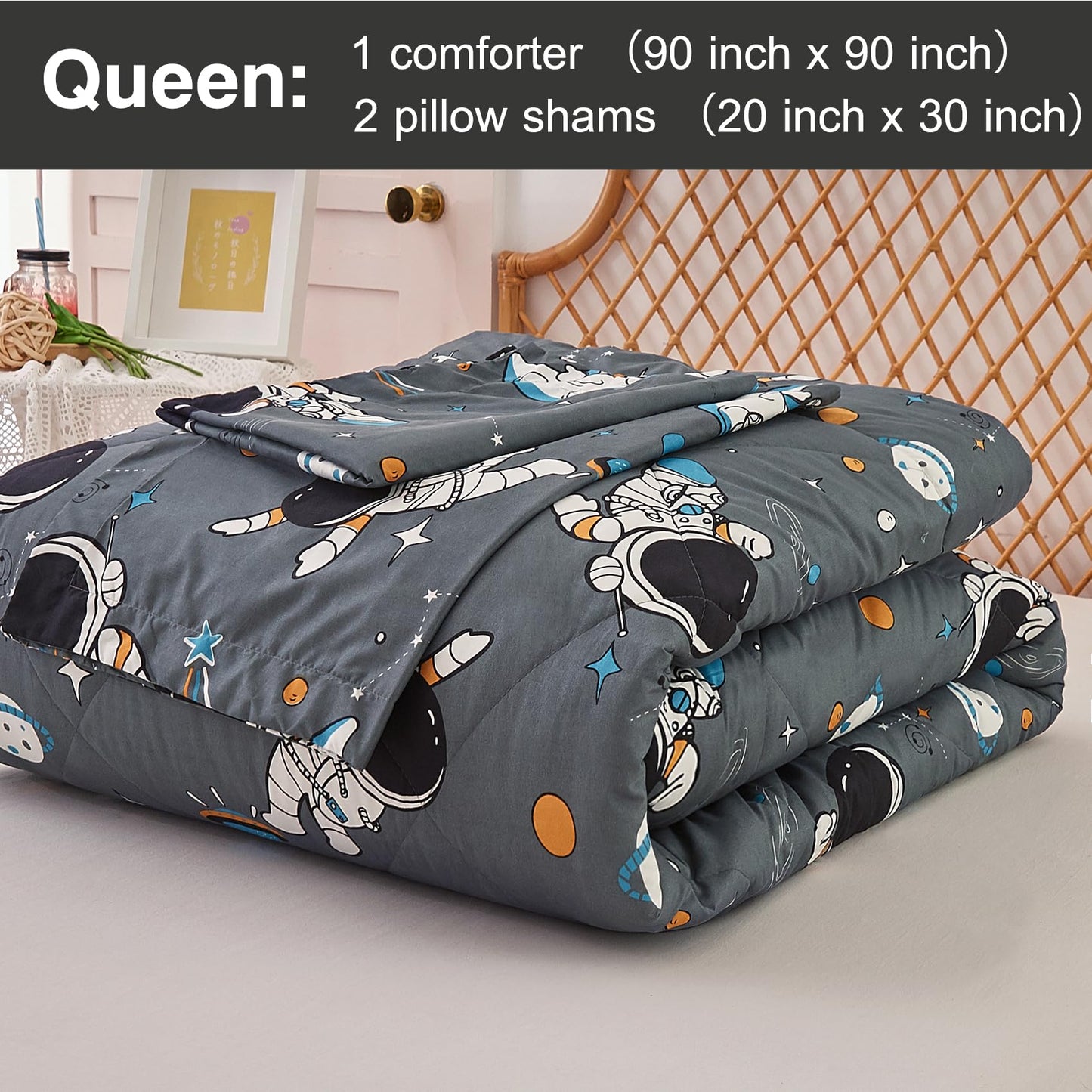 JSD Grey Astronaut Kids Comforter Set Queen Size, 3 Piece Space Theme
