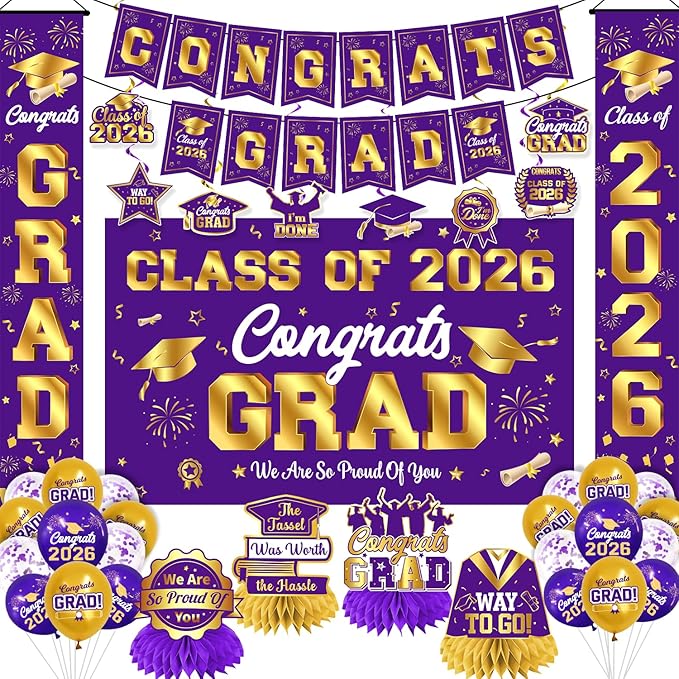 Graduation Decorations 2026 Purple and Gold Graduation Party Decor