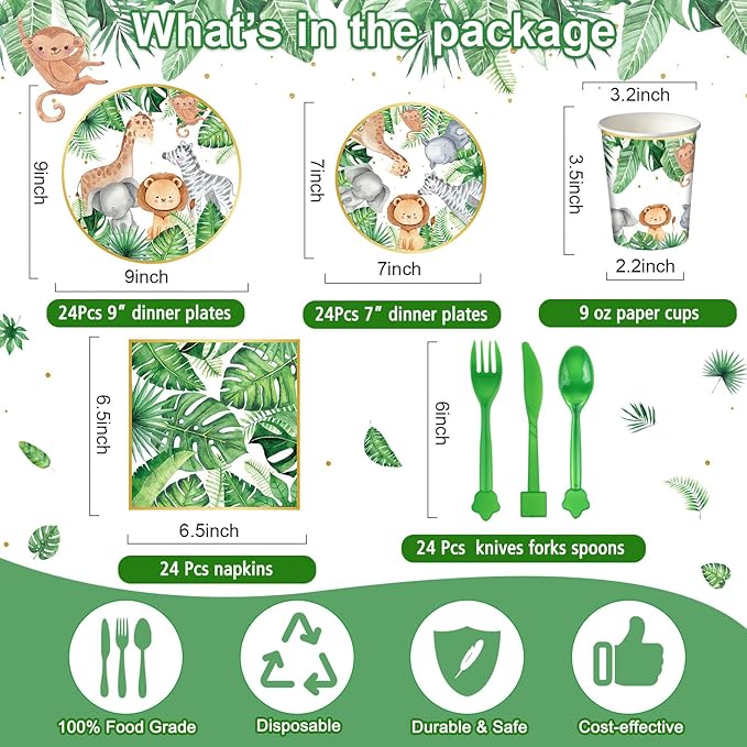 170 Pcs Jungle Safari Baby Shower Tableware Animals Theme Party