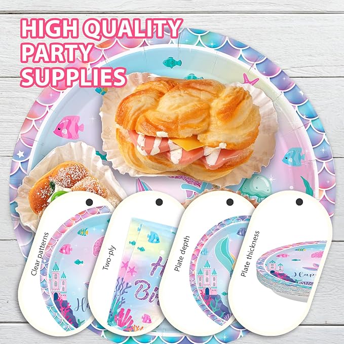 96Pcs Mermaid 3rd Birthday Party Decorations Mermaid 3rd Plates and