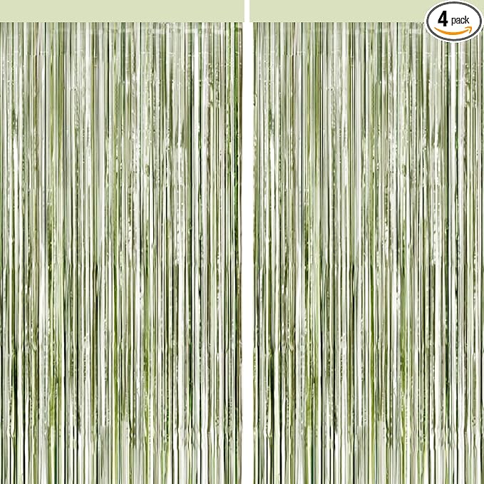 4 Packs Sage Green Foil Fringe Curtain, Light Green Glitter Metallic