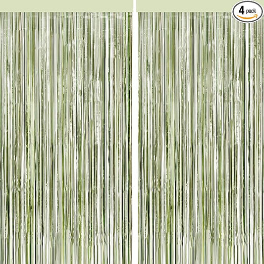 4 Packs Sage Green Foil Fringe Curtain, Light Green Glitter Metallic