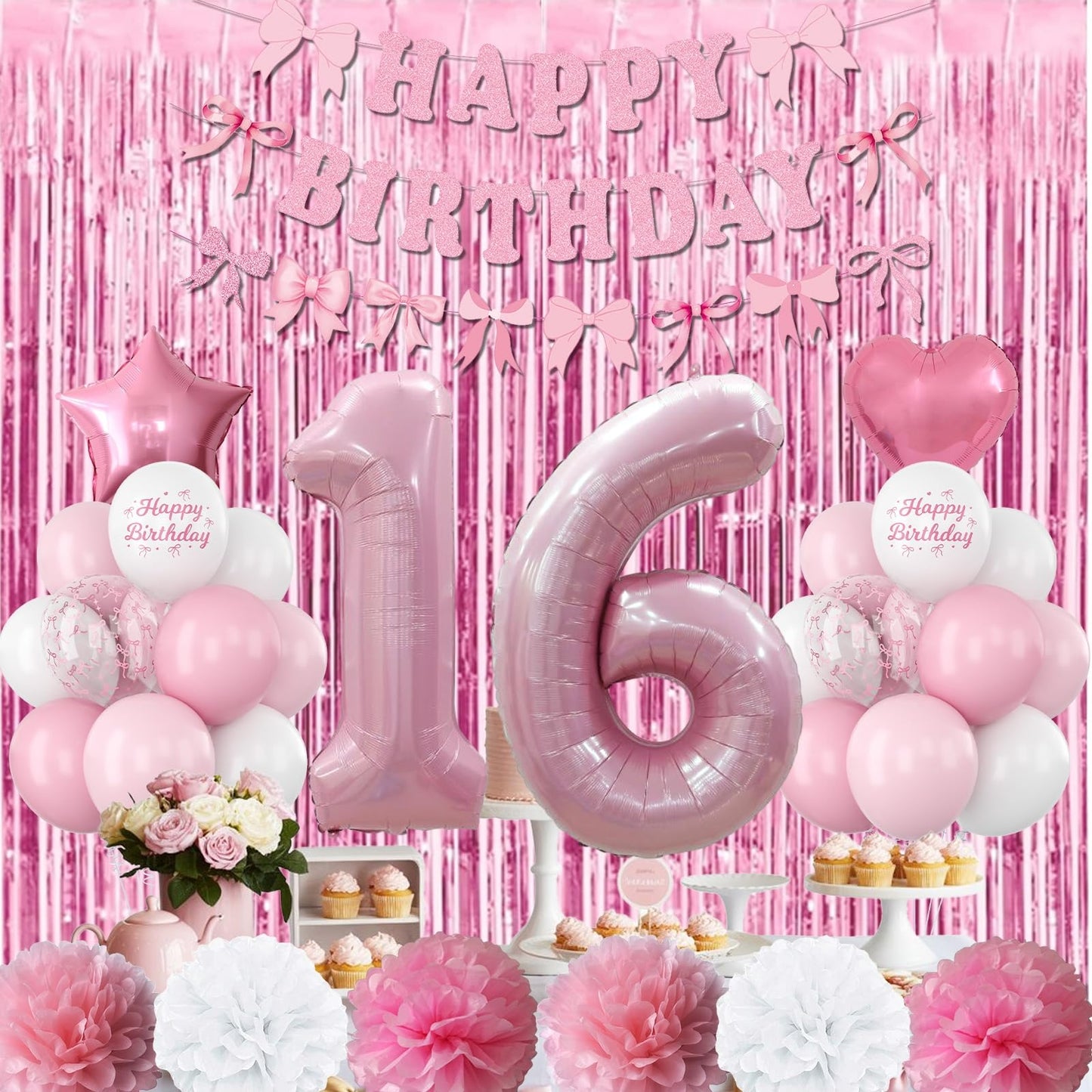 16th Birthday Decorations for Girls Pink Number 16 Balloon Bow