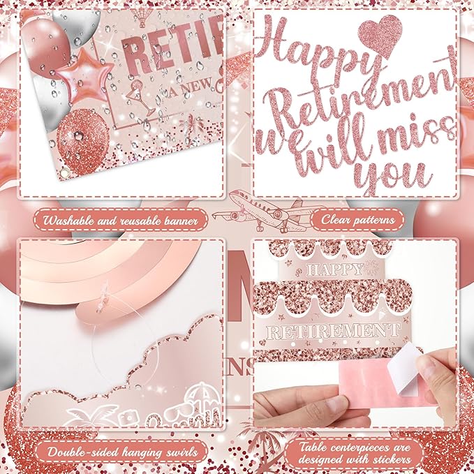 20pcs Retirement Party Decorations for Women Pink Rose Gold Happy