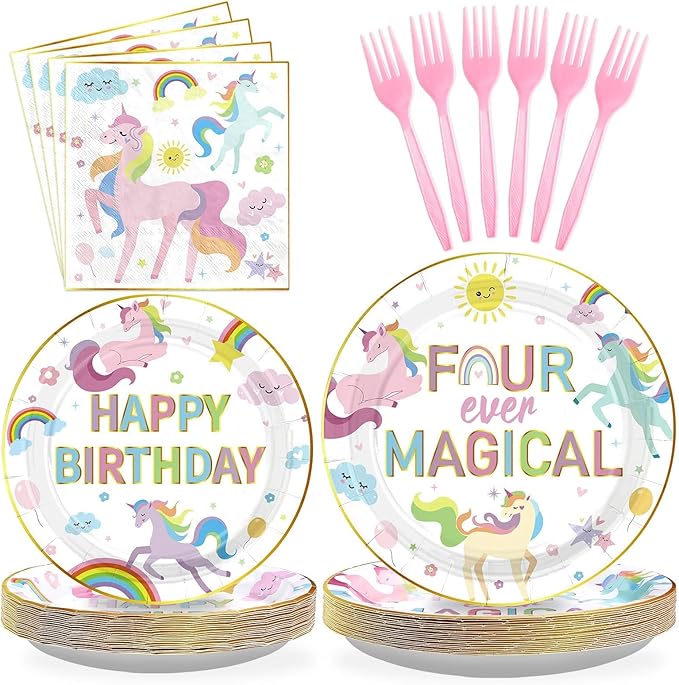 96pc Unicorn 4th Birthday Party Supplies Magical Pastel Rainbow