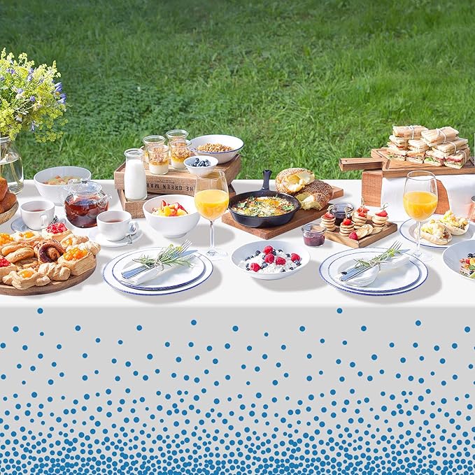 QIKSION 6 Pack White and Blue Dot Plastic Tablecloth, Waterproof