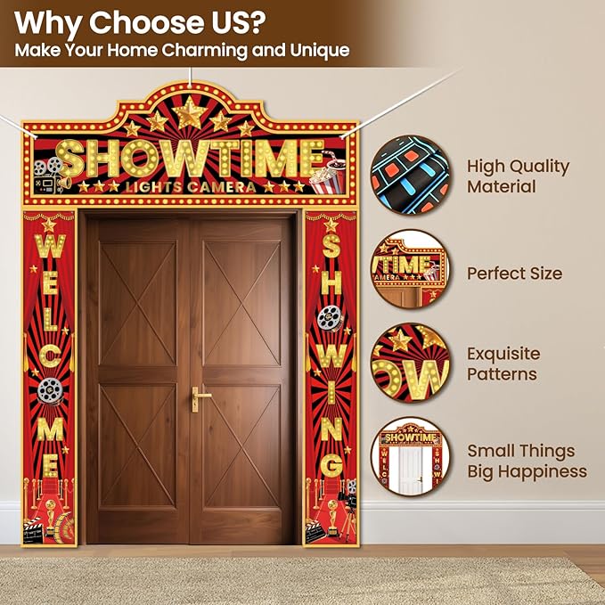 3 Pcs Movie Night Decorations Porch Sign Banner Showtime Movie Theme
