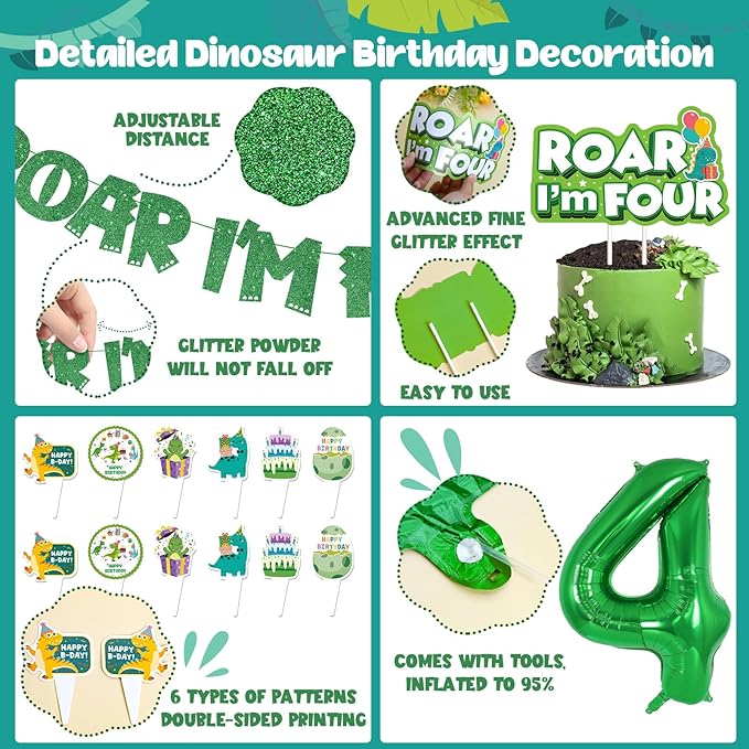 Roar Im 4 Dinosaur Party Decorations Boy Dinosaur 4th Birthday