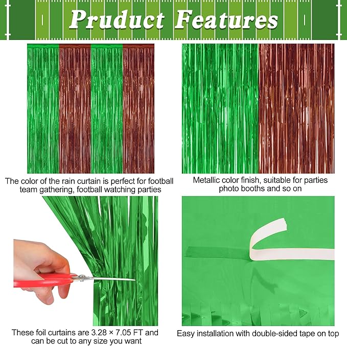 2 Pack Football Party Decorations, 3.28 FT x 7.05 FT Tinsel Backdrop,