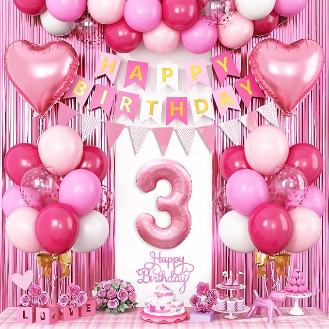 3rd Birthday Decorations for Girls Hot Pink Balloons Happy Birthday