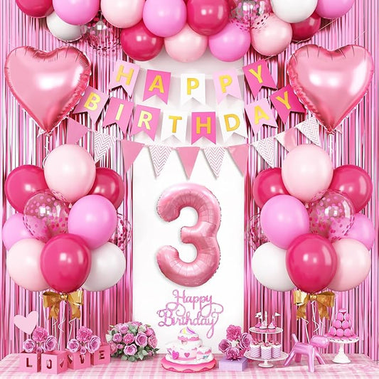 3rd Birthday Decorations for Girls Hot Pink Balloons Happy Birthday