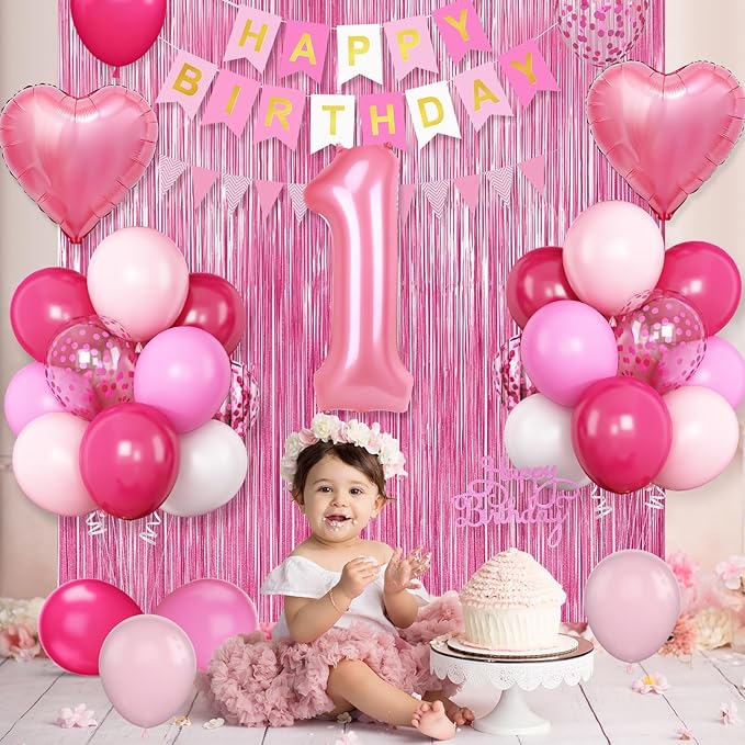 1st Birthday Decorations for Girls Hot Pink Birthday Balloons with