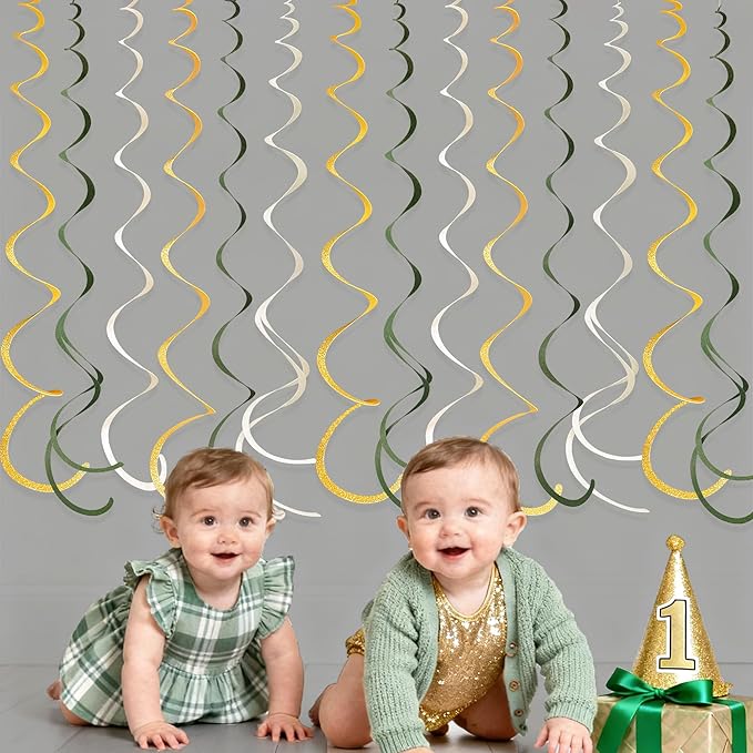 36Pcs Sage Green Gold Hanging Swirl Decorations Glitter Gold Olive
