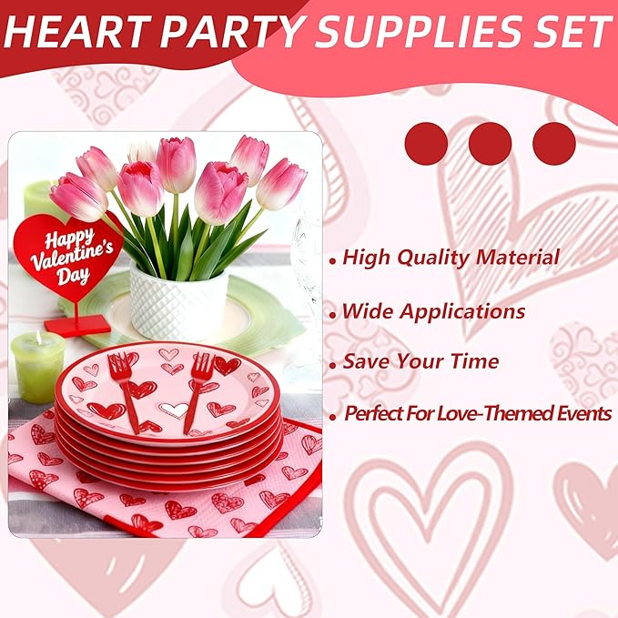 100 Pcs Valentine's Day Heart Tableware Party Supplies Set Serves 25