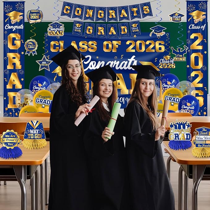 Graduation Decorations Class of 2026 Blue and Gold Graduation Party