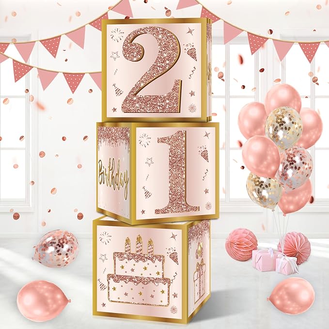 3Pcs 21st Birthday Decorations Boxes for Women Pink Rose Gold 21st
