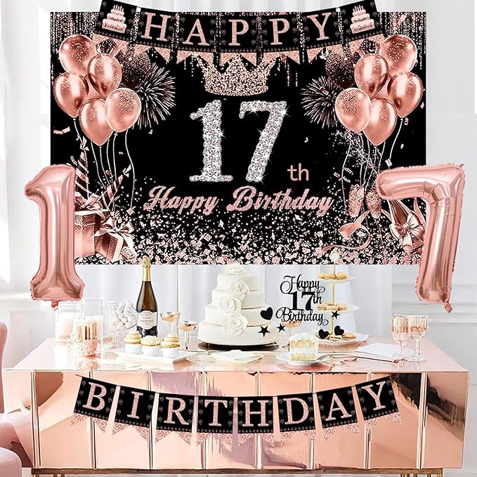 17th Birthday Decorations for Teen Girls Black Rose Gold Party Kit