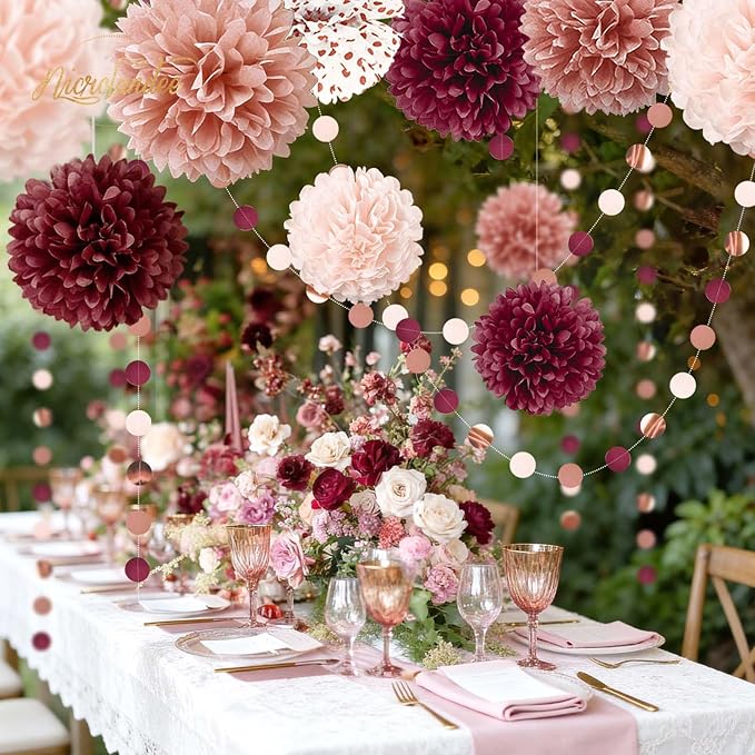 Bachelorette Party Decorations 15Pcs Burgundy Rose Gold Tissue Pom