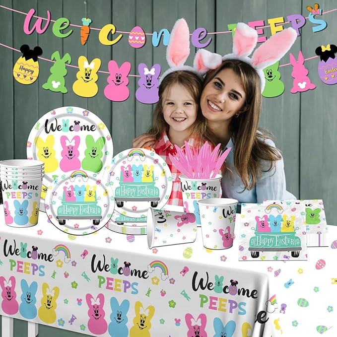 Welcome Bunny Tableware 142pcs Mouse Happy Easter Party Decoration