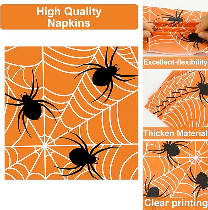 100 Pcs Spiderweb Party Plates and Napkins Black and White Halloween