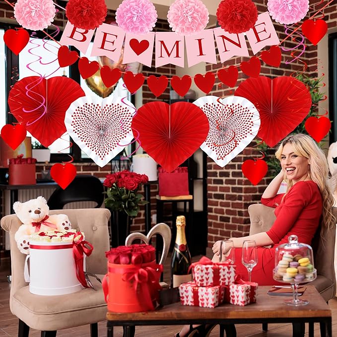 26PCS Valentines Decorations Happy Valentines BE MINE Banner Heart