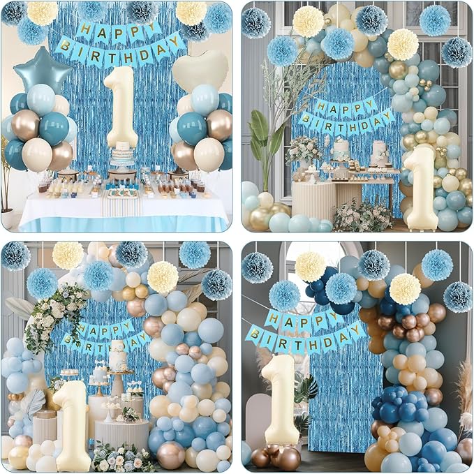 Dusty Blue 1st Birthday Decorations Beige Cream Number 1 Balloon