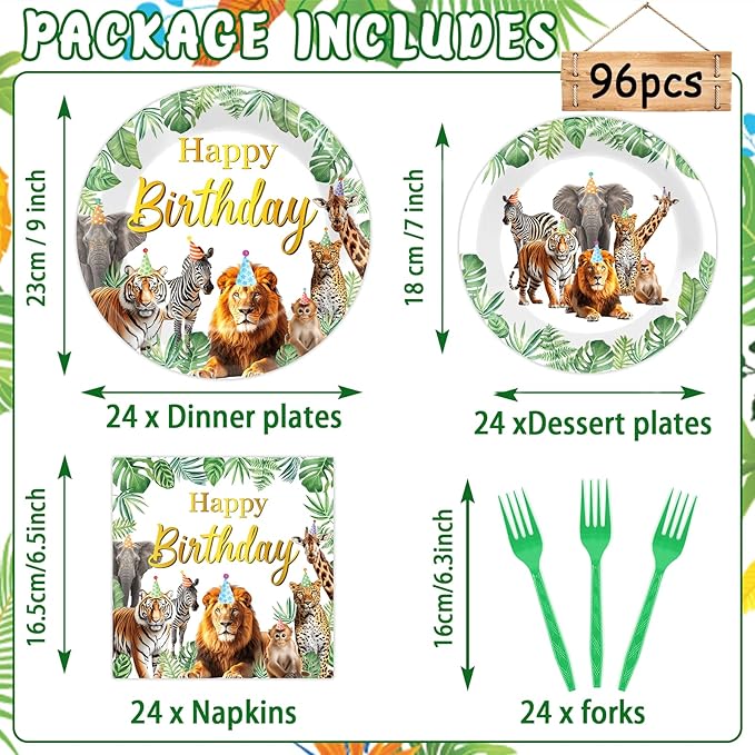 96Pcs Jungle Animals Plates and Napkins Safari Happy Birthday Party