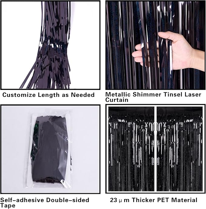 2 Pack 3.2ft x 8.2ft Black Tinsel Foil Fringe Curtain, Sparkle