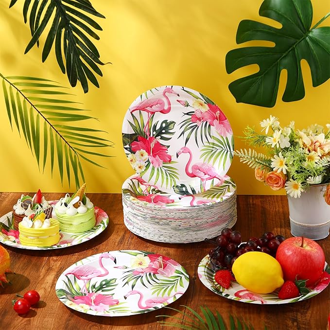 100 Pcs Hawaiian Flamingo Paper Plates 9 Inch Luau Party Plates
