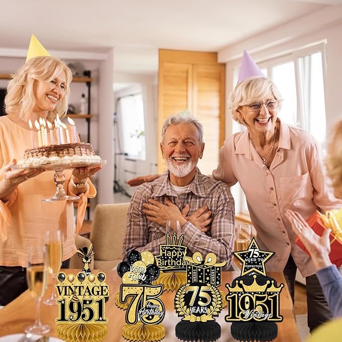 75th Birthday Decorations for Men, 9PCS Black Gold 75th Birthday