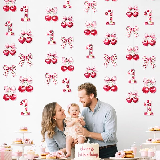 Cherry 1st Birthday Decorations Sweet Floral Cherries Pink Bow