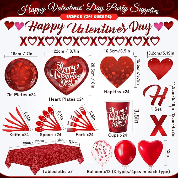 183PCS Happy Valentine's Day Party Supplies Red Love Heart