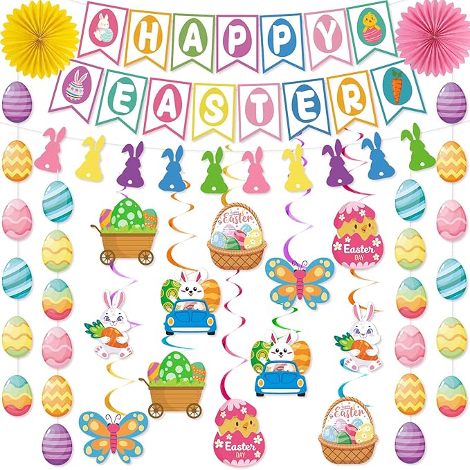 55 Pcs Easter Decorations Happy Easter Banner Hanging Decorations